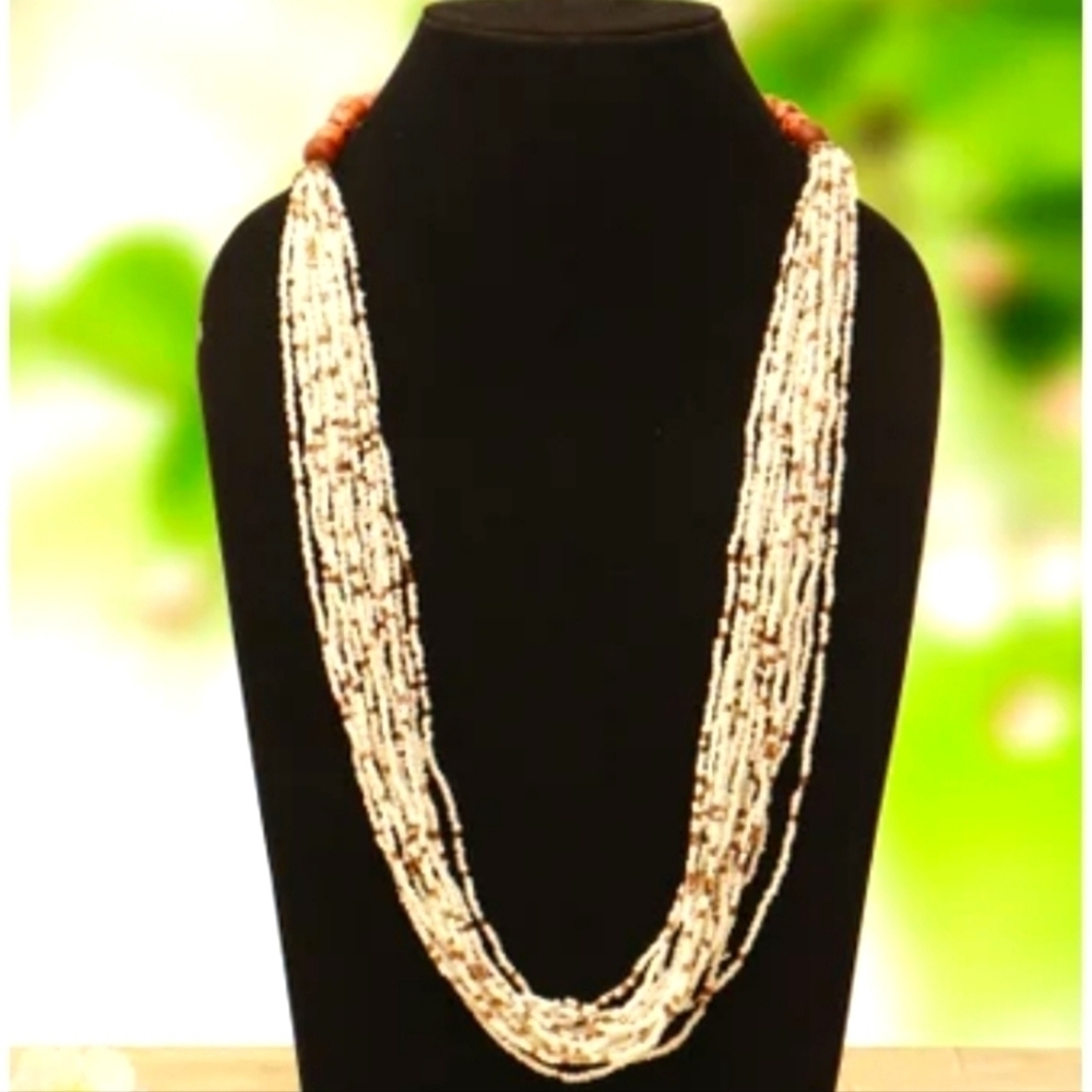Beaded Boho Long Multistrand Necklace Cream Bronze Brown Adjustable Length